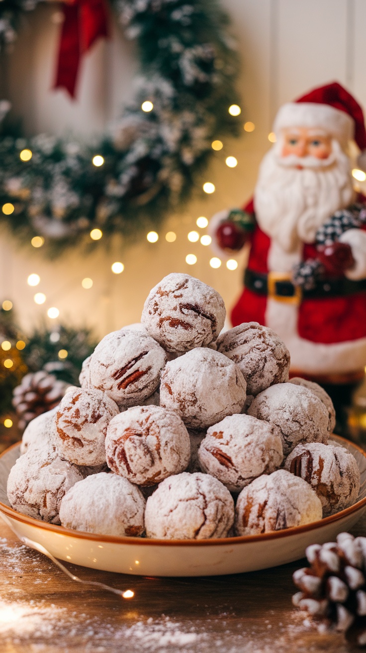 A plate of pecan snowball cookies dusted with powdered sugar, set in a festive holiday background.